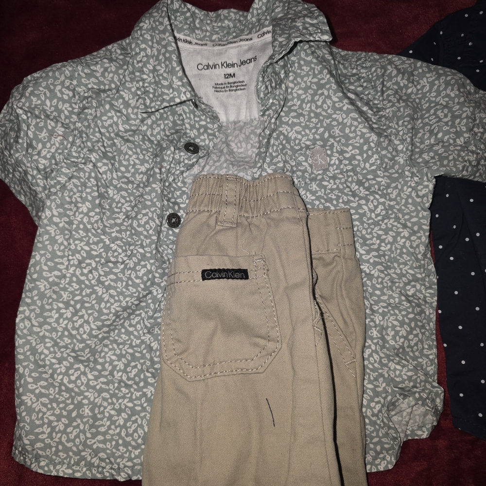 Calvin Klein Baby Outfit - Floral Shirt and Tan Pants